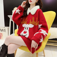 FKFX新年圣誕紅色毛衣女韓版寬松2025年秋冬新款慵懶風(fēng)日韓休閑針織衫 紅 均碼