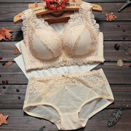 紅豆內(nèi)衣套裝女夏小胸文胸聚攏收副乳少女無(wú)鋼圈性感蕾絲薄款透氣胸罩 膚色套裝 75A 34A_【上薄下厚】