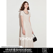 初語撞色假兩件拼接U領(lǐng)短袖連衣裙女2025夏季新款收腰中長(zhǎng)款裙子 淺灰杏 M