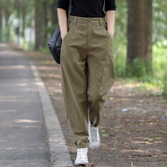皮爾卡丹（PIERRE CARDIN）秋季新品棉布寬松新款高腰顯瘦蘿卜老爹休閑哈倫褲子顯瘦女褲 綠卡其 M