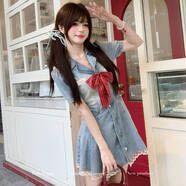 織物豬 甜莓假日 甜美少女風(fēng)牛仔襯衫連衣裙女夏收腰蝴蝶結短裙子 連衣裙 XL （115-130斤）