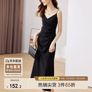 尚都比拉設(shè)計(jì)感抽褶收腰顯瘦中長(zhǎng)款V領(lǐng)吊帶連衣裙夏季修身小黑裙 黑色 L 