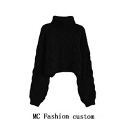 京功女生加厚毛衣高領(lǐng)套頭短款麻花女秋冬慵懶風(fēng)寬松針織外穿 黑色 S 90-105斤