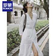 羅蒙（ROMON）大尺碼胖mm2025春秋重工民族風(fēng)白色V領(lǐng)洋裝溫柔超仙蕾絲拼接長(cháng)裙 白色 2XL