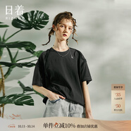 日著(zhù)原創(chuàng  )設計女裝2024夏季新款上衣寬松圓領(lǐng)短袖拼接毛邊針織T恤 光斑黑 L