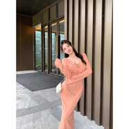 蘭伶坊純欲風(fēng)V領(lǐng)長(cháng)袖連衣裙女秋冬季法式感氣質(zhì)修身打底包臀長(cháng)裙子 三文魚(yú)色 M