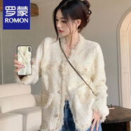 羅蒙（ROMON）韓國秋冬新款寬松流蘇針織開衫法式格紋水貂絨厚小香風外套洋氣 米白色 不掉色不起球優(yōu)質面料 M