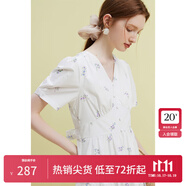 范思藍(lán)恩23FS12642茶歇法式碎花連衣裙女夏季新款V領(lǐng)沙灘長裙 白底紫花 XL