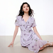 秋水伊人V領(lǐng)印花連衣裙女2025夏季新款紫色荷葉邊中長款連身裙子 花料 S