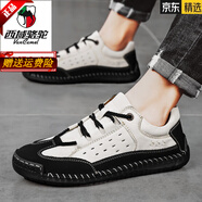 西域駱駝（VANCAMEL）真皮夏季一腳蹬懶人鞋工裝帆布鞋老北京男棉鞋軟底防滑中年休閑鞋 黑白色 42 標準鞋碼