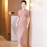 夏季喜婆婆婚宴婚禮高貴媽媽裝改良旗袍連衣裙禮服高端時(shí)尚宴會(huì )裙 藕粉色 短袖 M