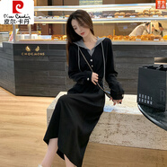 皮爾卡丹（pierre cardin）黑色超好看連衣裙女秋冬收腰顯瘦減齡洋氣休閑假兩件連帽衛衣裙 黑色連衣裙 M 建議 95-105斤