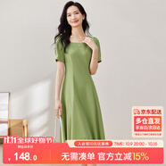 尚都比拉短袖連衣裙女夏季時尚通勤中長款a字裙釘珠收腰顯瘦裙子 綠色 M
