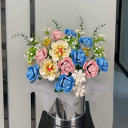 赟婭lE高難度玫瑰花積木花束拼裝永生花玩具520七夕送女神節生日禮物 粉黛銀輝花桶【24朵+材料包】