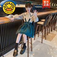 G.duck小黃鴨女童連衣裙春秋裝背帶裙子中大童套裝裙網(wǎng)紅女孩公主裙 墨綠 140(身高130-140cm年齡10-11歲)