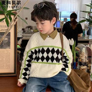 麥科貝爾（maycobell）男童韓系毛衣春秋冬新款中大童洋氣學(xué)生休閑針織衫兒童套頭羊毛衫 撞色菱格男童 90