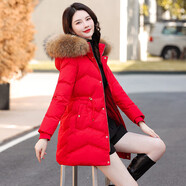 啄木鳥白鴨絨服女冬中長款2025新款真大毛領顯瘦保暖外套 紅色帽子可拆卸[沒有毛領] M [80/95斤]