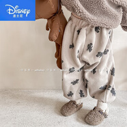 迪士尼（Disney）2025童裝秋冬裝兒童韓版抓絨休閑褲女童秋裝男童冬款衛(wèi)褲 卡其色 80