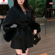 皮爾卡丹（pierre cardin）網(wǎng)紅薄款綁帶呢子外套春秋長(cháng)袖寬松拼接短款毛毛袖新年戰袍 黑色(送腰帶 S