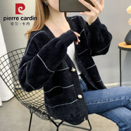 皮爾卡丹水貂絨加厚針織衫外套上衣2026秋冬新款女裝韓版口袋寬松毛衣開(kāi)衫 黑色 S