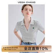 VEGA CHANG愛心針織t恤女2025夏款設計感polo領法式短袖提花上衣 鴿羽灰 M