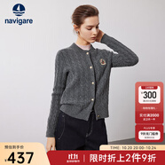 Navigare意大利小帆船女士毛衣秋冬季新款純綿羊毛長袖開衫通勤保暖外套 暗巖灰 L