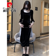 皮爾卡丹（pierre cardin）感金絲絨方領(lǐng)包臀長(cháng)裙連衣裙修身顯瘦氣質(zhì)黑色內搭打底裙秋冬 黑色 S