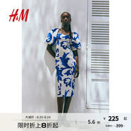 H&M女士花卉連衣裙秋季氣質修身歐根紗五分袖燈籠袖連身裙1238363 白色/藍色圖案 170/116 XL