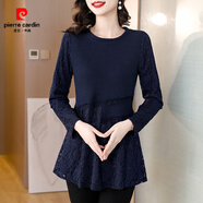 皮爾卡丹（pierre cardin）時(shí)尚不規(guī)則蕾絲上衣女秋冬加絨打底衫媽媽洋氣遮肚裙擺小衫連衣裙 藍(lán)色常規(guī)款 L 90-105斤