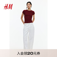 H&M女裝T恤2025秋新款修身蕾絲羅紋修身波嬉風穿搭短袖上衣1259418 酒紅色 XS 155/80