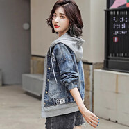 尤柯鳥(niǎo)（yoekbird）2025新款女裝初春寬松連帽拼接假兩件牛仔短外套ins春秋學(xué)生夾克 藍色 L 110斤120斤