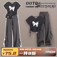 莞町大童衣服9-14歲女夏裝12-15歲女孩衣服夏季女大童工裝褲套裝2025 黑色抽繩蝴蝶短袖+深灰色工裝褲 150 S 建議90斤以下