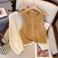 花花公子（PLAYBOY）森系復古蕾絲泡泡袖雪紡衫女秋法式小眾鏤空針織毛衣背心疊穿套裝 【套裝】杏色襯衫+咖色馬甲專(zhuān)柜品質(zhì)官方旗艦版 M 建議【80-95斤】