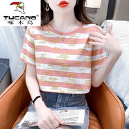 啄木鳥(niǎo)（TUCANO）短袖T恤女字母印花條紋女士t恤短袖2025夏天新款韓版百搭圓領(lǐng) 粉紅色 【優(yōu)質(zhì)】 2XL 建議130-155斤