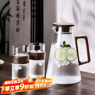 青蘋果新中式耐熱冷水壺1900ml 高硼硅玻璃胡桃木蓋把手涼水壺泡茶壺