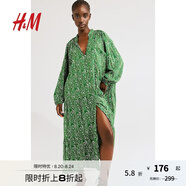 H&M女裝花卉連衣裙夏季海邊度假風(fēng)印花長(cháng)袖燈籠袖連身裙1239045 綠色/圖案 建議拍小一碼 M 165/96