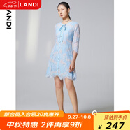 藍地（LANDI）系帶圓領(lǐng)撞色蕾絲連衣裙女春季新款七分袖收腰短裙 淺藍色 L
