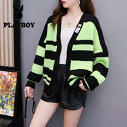 花花公子（PLAYBOY）春秋條紋針織開(kāi)衫外套女毛衣女韓版V領(lǐng)寬松顯瘦蝙蝠衫百搭上衣 綠黃色 M