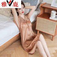 雅鹿帶胸墊睡衣女性感冰絲薄款寬松大碼睡裙春秋韓版夏天蕾絲短袖 金色帶胸墊 M (80-100)