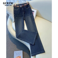 GCRZW輕奢微喇牛仔褲女春秋2025新款高腰九分褲子美式復(fù)古顯瘦喇叭褲 水泥灰-長(zhǎng)褲 -贈(zèng)送皮帶 M /27-建議95-105斤