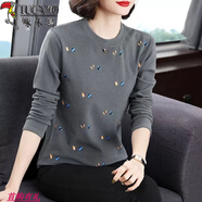 啄木鳥(niǎo)T恤女棉質(zhì)感長(cháng)袖2025秋冬新款中老年媽媽外穿加厚大碼打底衫 灰色 3XL 130-150斤