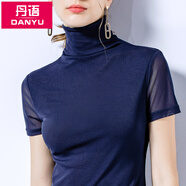 丹語(yǔ)簡(jiǎn)約基礎款短袖t恤高領(lǐng)網(wǎng)紗打底衫女夏純色彈力上衣 寶藍色 XL