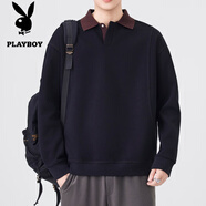 花花公子（PLAYBOY）春秋季新款男士休閑衛(wèi)衣翻領(lǐng)假兩件寬松衫長袖恤上衣男 KDF6170黑色 L 【建議：115-130斤】