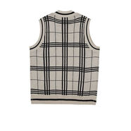 雅爾索條紋針織背心男春秋季韓版潮流格子V領(lǐng)毛線(xiàn)衣馬甲學(xué)院風(fēng)寬松坎肩 杏色高質(zhì)量 S