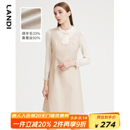 藍(lán)地（LANDI）羊毛拼接連衣裙女秋季新款圓領(lǐng)修身長(zhǎng)袖a字短裙 肉粉色 S