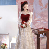 賽詩歐敬酒服新娘夏季感長袖現(xiàn)代風婚禮訂婚禮裙女結婚答謝宴連衣裙 酒紅色 中長款 XS