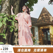 兩三事梵高文藝迷霧芳影2025春季新款法式蕾絲拼接燈籠袖繡花連衣裙 橘粉 L