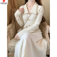 皮爾卡丹2025修身百搭裙秋冬新款柔軟舒適遮肉復古內搭高腰針織保暖連衣裙 杏色面料 M