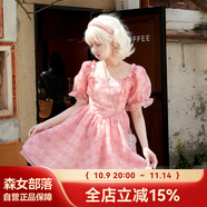 森女部落原創(chuàng)水晶玫瑰方領(lǐng)顯白收腰連衣裙顯瘦泡泡袖公主碎花短裙 粉色（單件） S