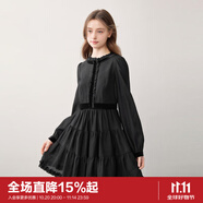 樂町小香風(fēng)連衣裙撞色絲絨花邊設(shè)計(jì)蓬蓬裙長袖千金裙 黑色（現(xiàn)貨） S